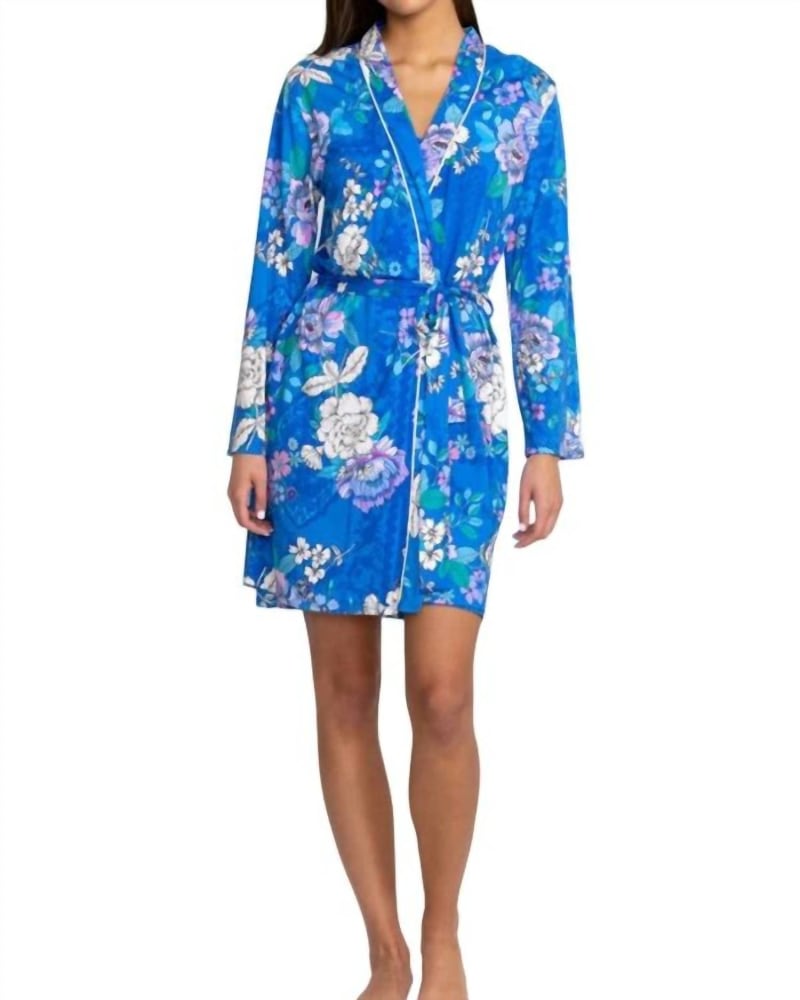 Front of a model wearing a size XL Dove Sleep Robe in Blue Multi in Blue Multi by Johnny Was. | dia_product_style_image_id:336283